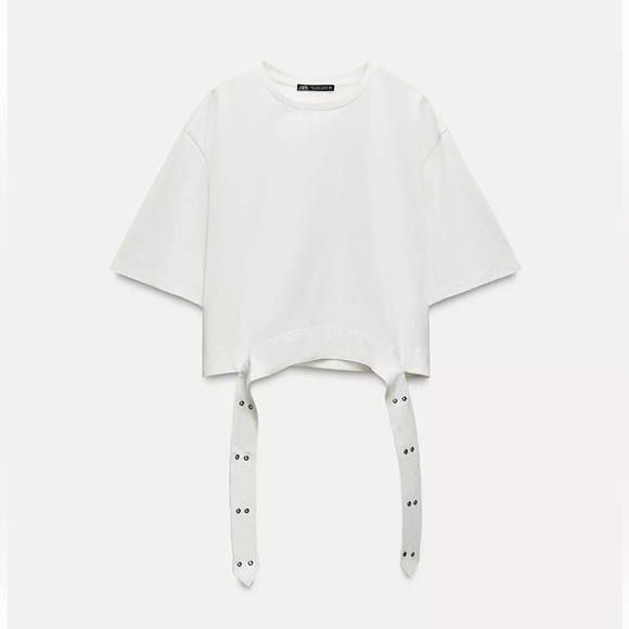Zara Tops - White Cropped T-Shirt with Strap Detail
